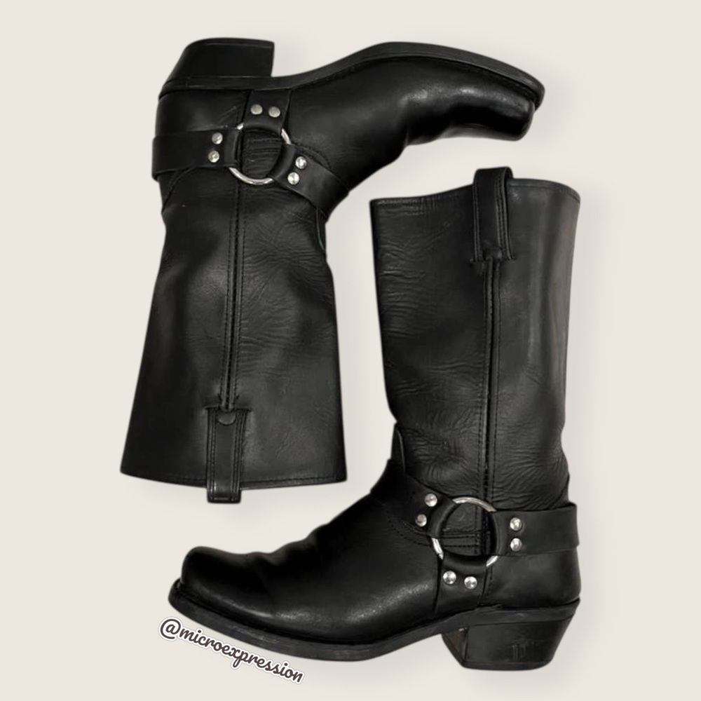 MILEY CYRUS Frye Harness 12R Black Cavalry Moto Square Toe Leather Cowboy Boot - Picture 9 of 16